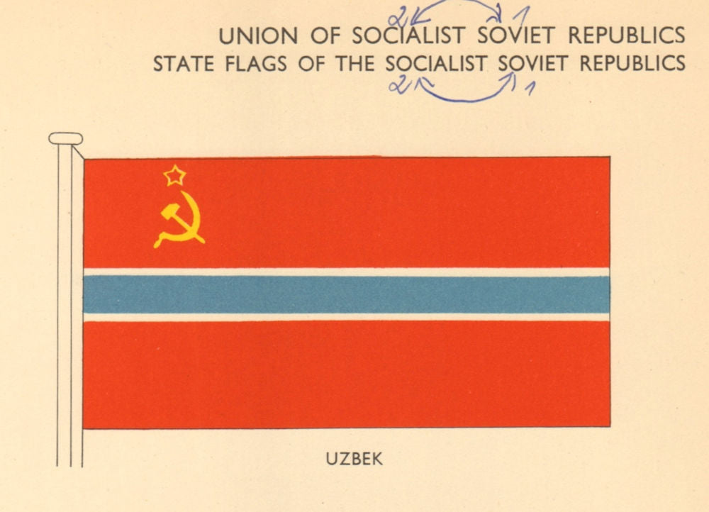UZBEKISTAN FLAGS. Union of Socialist Soviet Republics. Uzbek. USSR 1955 print